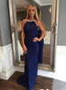 Navy Blue Full Lace Mermaid Prom Dresses 2019 Nyaste Ärmlös Kristall Beaded Collar Sexig Backless Evening Gowns Long Sweep Train Dress