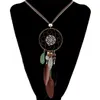 idealway 4 Colors Bohemian Fashion Silver Plated Leather Double Chain Resin Feather Tassel Dreamcatcher Pendant Necklace