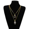 Egipski Ankh Key of Life Bling Rhinestone Cross Wisiorek Z Czerwonym Ruby Wisiorek Naszyjnik Zestaw Mężczyzn Hip Hop Biżuteria