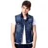 Wholesale- Fashion Brand Mens Denim Vests Jackets Men Sleeveless Outerwear Classic Washed Blue Denim Vests Slim Fit Punk Style Cowboy Gilet