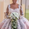 Crystal Beaded Floral Wedding Dresses Sheer Neckline Appliques Long Sleeves Ball Gown Bridal Dresses Romantic A-Line Gorgeous Wedding Gowns