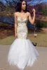 Sweetheart White Mermaid Prom Dresses Tulle Gold Beaded With Rhinestones Lace up Sweep Train Sexy Long Evening Gowns Women Pageant Gown