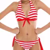 Damen Rot Schwarz Blau Gestreift Badeanzug Triangle Wrap Halfter Bikini Set Badebekleidung Brasilianer Sommer Strand Badeanzug S M-XL