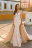 Mermaid Blush Wedding Dresses With Detachable Train 2020 Crystal Desing Sheer Jewel Neckline Lace Appliqued Trumpet Bridal Gowns