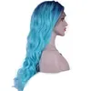 Fashion High Temperature Fiber Heat Resistant Natural 22quot Long Body Wave Two Tones dark blue Ombre blue Roots Synthetic lace 915711120