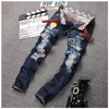 Wholesale-Personality Badge Patchwork Jeans Men Ripped Jeans Classic Rap Scratched Biker Jeans Hole Denim Straight Slim Fit Casual Pants