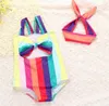 New Summer Kids Swimming Costumes Bowknot Colorful Stripe Rompers One-piece Swim Suit Girls Swimsuits Cute Childrens Swimwear Baby Swimsuit