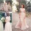 Unieke champagne boho trouwjurken 2016 bloemen Deep v nek volle kanten trouwjurken vintage landelijke bruiloft jurken berta robe de m 2443