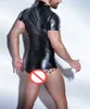 Men Zipper Catsuit 섹시한 가짜 가죽 반소매 바디 슈트 신축성이 뛰어난 클럽 파티 점프 슈트 블랙 바디콘 란제리