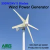 300W 12 / 24V horisontell vindkraftgenerator, AC-turbingenerator, Areogenerator, 5 blad, horisontsaxel, låg vindhastighet