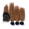 Fermeture de dentelle blonde miel foncé avec 3 paquets 1b 27 vague profonde Brésilien Virgin Curly Tesaves Extension de cheveux 4pcs