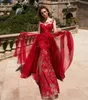 Stunning Red Mermaid Lace Dresses Evening Wear Sheer Jewel Neck Overskirt Prom Gowns Sweep Train Custom Made Tulle Formal Dress