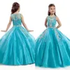 2016 Vente Chaude Pageant Robes pour Filles Belle Bling Perlé Sheer Jewel Robe De Bal Ciel Bleu Tulle Princesse Filles Robe Formelle Longueur De Plancher