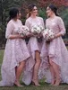 Gorgeous Lilac High Low Bridesmaid Dresses Jewel Neck 3/4 Ärms Lace Appliques Organza Korta Front Long Back Bridesmaids Grows Custom