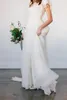 Flowy Chiffon Modest Wedding Dresses 2020 Beach Short Sleeves Beaded Belt Temple Bridal Gowns Queen Anne Neck Informal Reception D227b