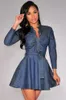 Fashion Denim Dress Summer Long Sleeve Bodycon Slim Waist Jeans Dress Plus Size V neck Sexy Party Office A Line mini Dress