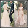 Vestidos de noiva de renda vintage champanhe sweetheart babados de pano de noiva Manga de calda de pescoço profundo em camadas de pescoço reem acra vestidos de noiva