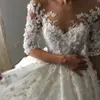 Luxury Ball Gown Crystal Wedding Dresses Half Sleeve 3D-Floral Appliques Lace Bridal Gowns Court Train Plus Size Wedding Dress