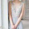 Charming 2016 Dusty Blue Chiffon Backless Bridesmaid Dresses Long Cheap Jewel Lace Beaded Sash Long Maid Of Honor Gowns Custom Made EN111511