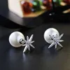 Doce Estilo Criativo Novo S925 Sterling Silver Pin Estrelas Pérola Stud Anti-Allergic Micro-Zircão Brincos De Cristal Frete Grátis