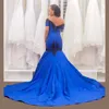 Bleu marine sirène hors de l'épaule manches courtes robes de bal longues 2019 nouvelles robes de soirée sexy en dentelle noire appliques pour les occasions spéciales