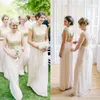 New Fashion Gold Lace Top Beige Chiffon Bridesmaid Dresses Long 2017 Short Sleeve Zipper Back Floor Length Maid Of Honor Gown EN71113