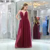 Dark Red Tulle Cheap Evening Dresses V Neck Thin Straps Sexy Burgundy Prom Party Gowns B015