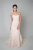 Trumpet Style Wedding Gown Blush Base With Blush Italian Alencon Lace a Sweetheart Neckline Low Back And a Chapel Train Bridal Dress