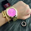 Lyxig Mode Kvinnor Titta Rostfritt Stål Luxury Lady Big Pink Dial Wristwatch Berömd Högkvalitativ Kvinnor Klädstimme Gratis Frakt