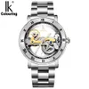 NEW!Original IK 50M waterproof watch double face hollow out fashion skeleton automatic men mechanical self wind brand swimming