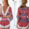 Macacão Moda Verão Macacão Borla Rendas Calças Curtas Impressão Com Decote Em V Vestido de Praia Casual Partido Bodysuit Sexy Manga Comprida Mulheres Vestidos D553