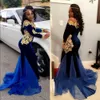 2019 NIEUWE Zuid-Afrika Lange mouwen Prom Jurken Elegante Boot Hals Vloer Lengte Mermaid Royal Blue Velvet Avondjurken met Gouden Kant