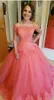 Water Melon Color Evening Gowns Sexy Off Shoulder Lace Appliques Prom Dresses Lace Up Back Tulle Ball Gown Pageant Party Dress For Women