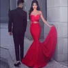 Sexy Red Satin Real Próbki Mermaid Prom Suknie Bez Ramiączek Przyciski Piętro Długość Wieczór Dresses Event Nosić Sukienka