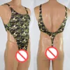 Mens Thong Back Bodysuit Swim Fabric Stretchy High Cut Deep U-Back G5284 Onesie Camo Camouflage Prints