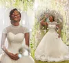 2018 Neueste Ballkleid-Hochzeitskleider, Stehkragen, Flügelärmel, Pailletten, Perlenapplikationen, Tüll, schwarzes Brautkleid, afrikanische Nigeria-Hochzeitskleider