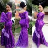 Poeta de encaje morado manga larga vestido de fiesta más tamaño Aso Ebi estilo sirena vestidos de noche con cremallera espalda Peplum negro mujeres formales vestido de fiesta