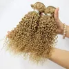 Kinky Curly #27 Honey Blonde Virgin Human Hair Wefts Extensions 3Pcs Curly Malaysian Human Hair Weaves Strawberry Blonde Hair Bundles