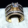 Lyxig riktig solid 14k gul guldfylld ringsats 3-i-1 Bröllopsband Smycken för kvinnor 20ct 7 * 7mm Princess-Cut Topaz Gemstone Rings Finger