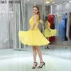 Short Chiffon Homecoming Dresses Beading Yellow Sheer Neck Cocktail Dress Charming Girls Cheap Party Gowns B012