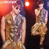 (Yelek + Pantolon) Sequins DS Şarkıcı Kostümleri Erkek Takım Elbise Vernised Deri Yelek Yelek Pantolon Setleri Hip Hop Kaya DJ Gösterisi Performans Giyim