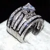 Luxe 100% vraiment 925 bague en argent sterling ensemble 3-en-1 bijoux de mariage pour les femmes 20ct 7 * 7mm coupe princesse topaze pierres précieuses anneaux doigt