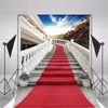 Outdoor Staircase Wedding Backdrops Red Carpet Blue Sky Red Flowers Scenic Backdrop Photography Studio Backgrounds Vinyl Cloth