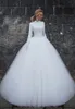 Abiti da sposa musulmani con abito da ballo in pizzo bianco con maniche lunghe abito da sposa collo alto Sweep Train Tulle Abiti da sposa2966