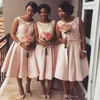 Short Vintage Cheap Blush Pink Bridesmaid Dresses For Wedding Scoop Neck Lace Appliques Sashes Bow Plus Size Maid Of Honor Party Gowns