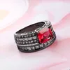 Red Ruby Zircon Gems Black Gold Filled Ring Wedding Band Finger Promise Ring Set SZ610176q3576853