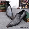 Graue glänzende Strass-Herren-Kleiderschuhe aus echtem Leder mit spitzer Metallkappe, Party-POP-Schuhe für Herren, EU38-46!