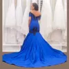 Bleu marine sirène hors de l'épaule manches courtes robes de bal longues 2019 nouvelles robes de soirée sexy en dentelle noire appliques pour les occasions spéciales