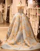 Luxury Gold Lace Long Sleeve Evening Dresses Vintage Sky Blue Michael Cinco Sheer Neck Saudi Arabia Plus Size Occasion Prom Dress3987954