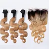 #1B 27 Honey Blonde Ombre Brazilian Virgin Body Wave Human Hair Weave Bundles With Dark Roots Light Brown Ombre 13x4 Lace Frontal Closure